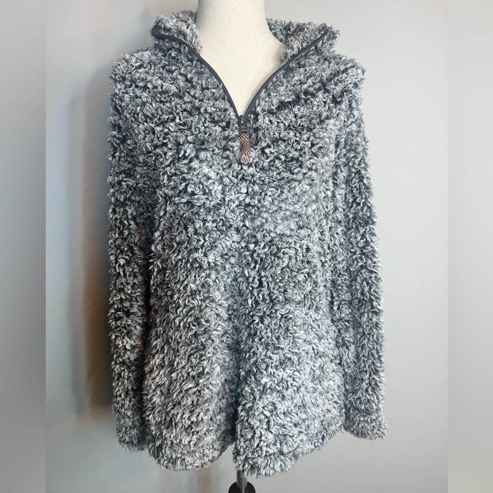 Sz M Weatherproof Vintage half zip teddy sweater sweatshirt grey black pockets